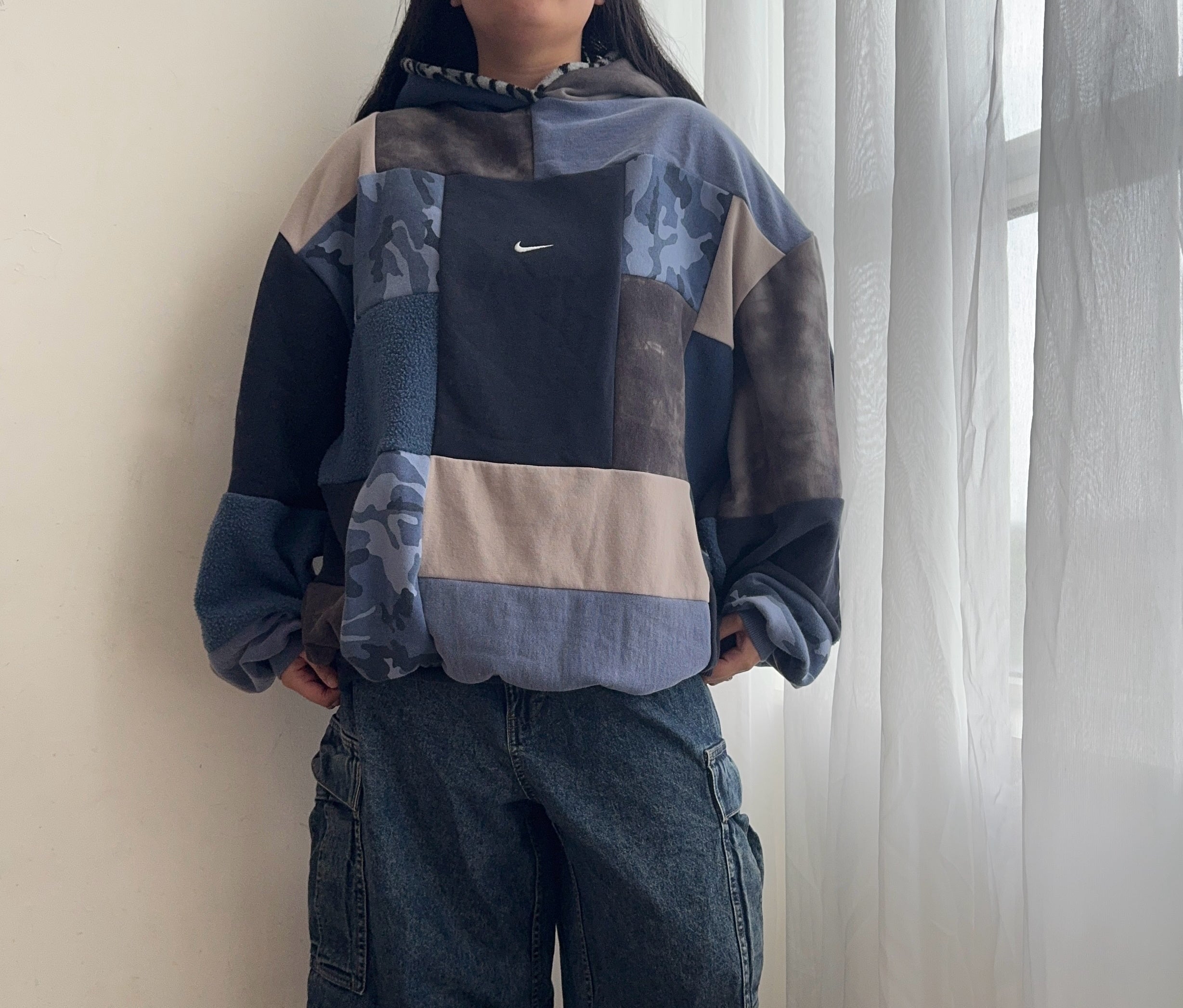 Blue camo patchwork hoodie (XS-XL)